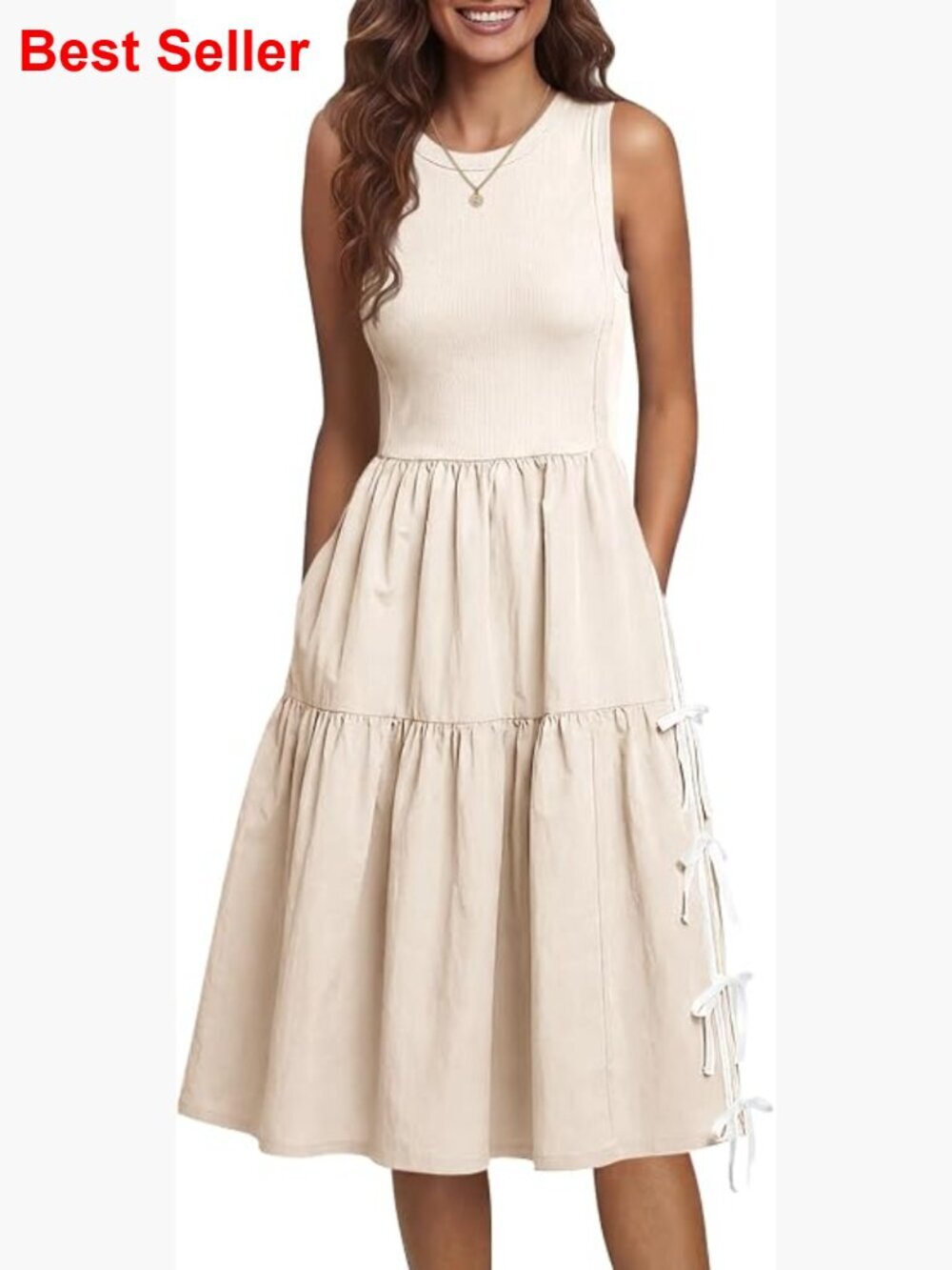 Sleeveless Midi Dress Summer Ribbed Knit Patchwork Self-tie Bow Loose Tank